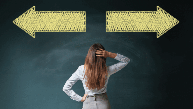 woman looking at blackboard with arrows going in opposite directions and scratching her head about how to make a confitent decision