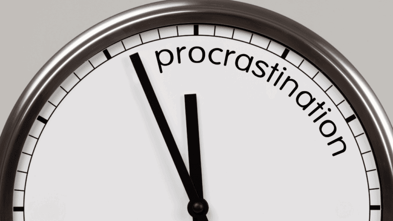 Clock pointing to 'procrastination', symbolizing overcoming procrastination through life coaching for achieving goals and behavior change. Neuroscience of Procrastination