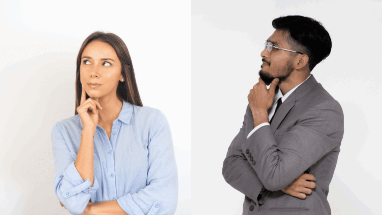 A woman and a man in separate frames, both in thoughtful poses with their hands on their chins, contemplating strategic decisions.