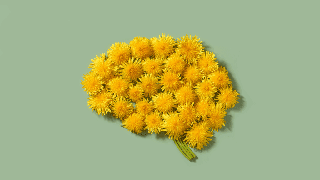 Yellow flowers arranged in the shape of a brain, symbolizing neuroplasticity in brain injury recovery.