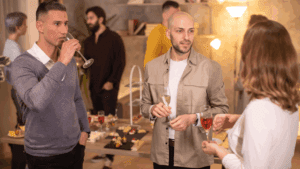 Casual gathering with champagne, capturing moments of social anxiety challenges.
