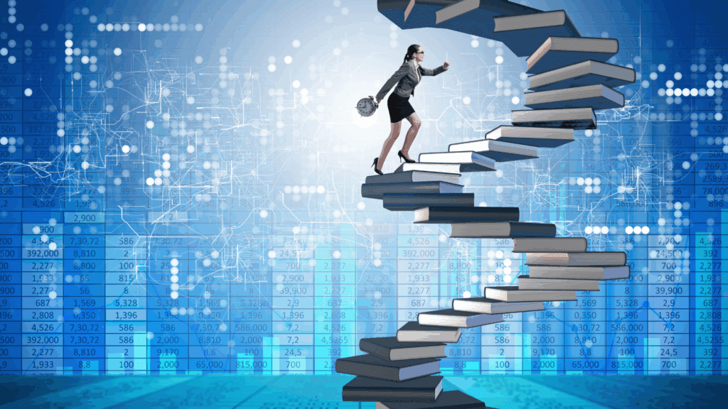 Woman climbing a staircase made of books with digital background indicating climbing towards a promotion