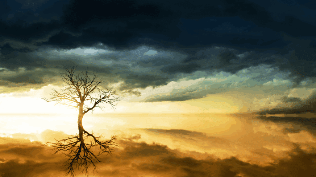 A lone tree reflected in water under dark storm clouds, symbolizing inner turmoil and emotional storms.