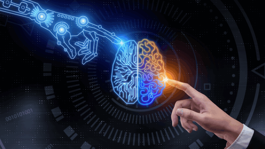 A digital and human hand connect with a brain, symbolizing dopamines role in bridging technology and human cognition.