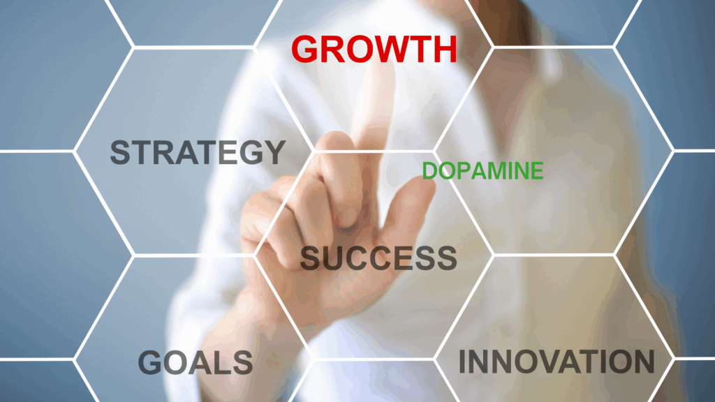 A person selects growth and dopamine on a digital interface, reflecting the importance of levels of dopamine in success.
