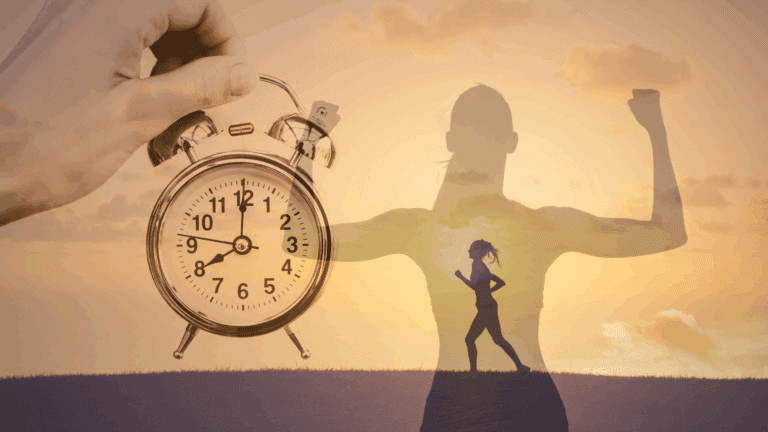 Hand holding an alarm clock with a silhouette of a strong, running woman, showing how the brain drives motivation for action and perseverance.