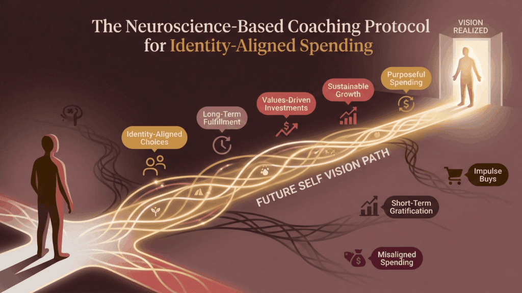 Inspirational illustration of person walking future self vision path with identity-aligned choices leading to purposeful sustainable spending