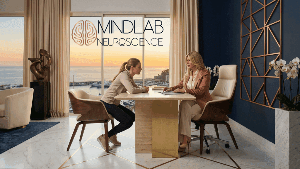Professional neuroscience-based practice session showing client and practitioner in consultation with ocean view and MINDLAB branding