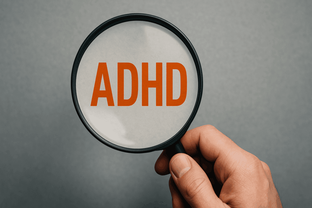 Close-up of a person holding a magnifying glass with the word ADHD, symbolizing how ADHD and brain fog require a unique perspective to understand.