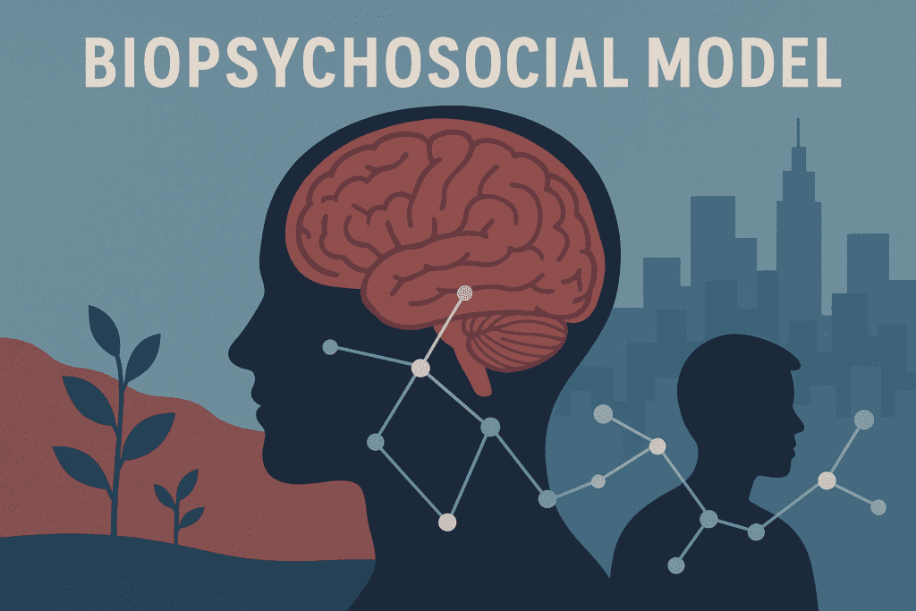 The image illustrates the biopsychosocial model, showcasing a human head, brain, molecular diagram, and urban nature as a backdrop for holistic mental fitness.