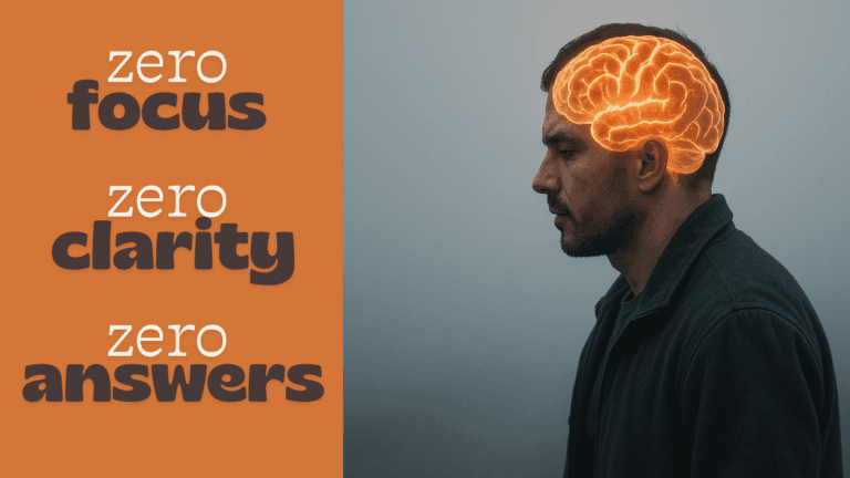 Side profile of a man with an illuminated brain and bold text highlighting zero focus, zero clarity, and zero answers associated with ADHD and brain fog.