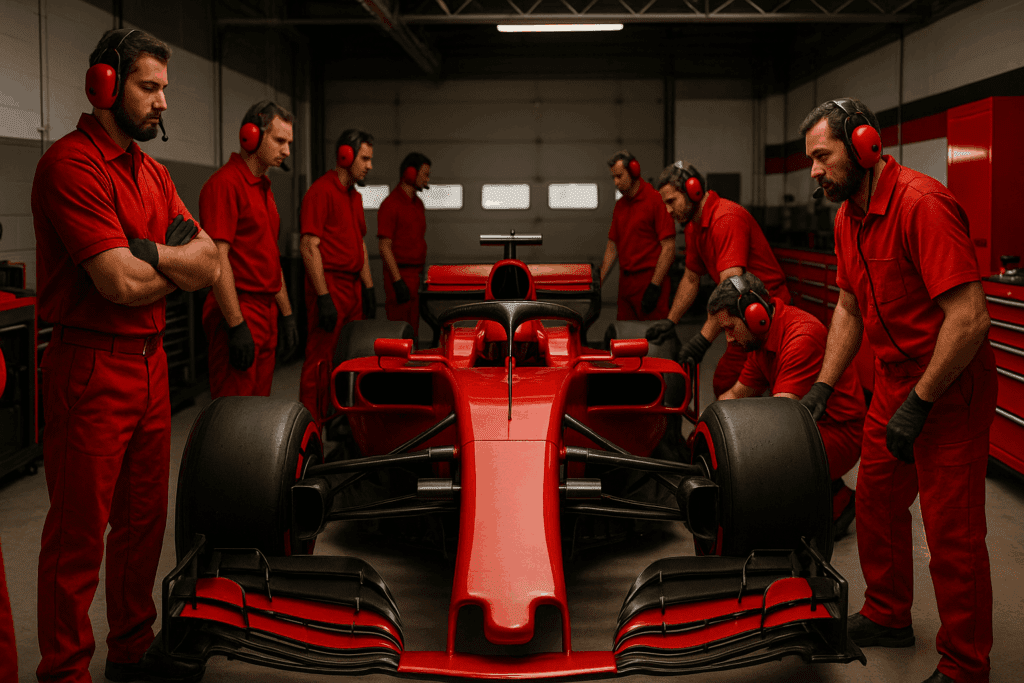 Formula One pit crew team in red uniforms coordinating around race car, representing synchronized nervous system regulation and energy management in high-pressure environments.