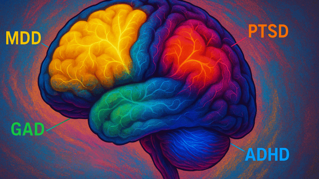 Colorful brain illustration showing neural activation in regions associated with Major Depressive Condition, PTSD, General Anxiety Condition, and ADHD conditions.