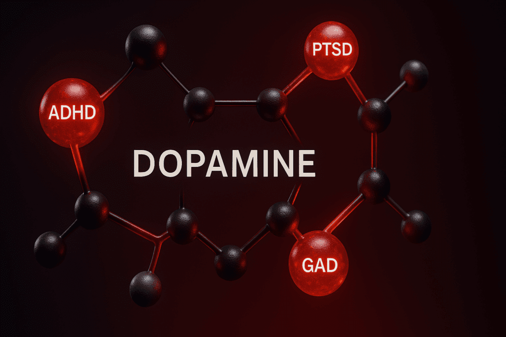 Molecular structure diagram showing dopamine neurotransmitter connected to ADHD, generalized anxiety disorder (GAD), and PTSD mental health conditions.
