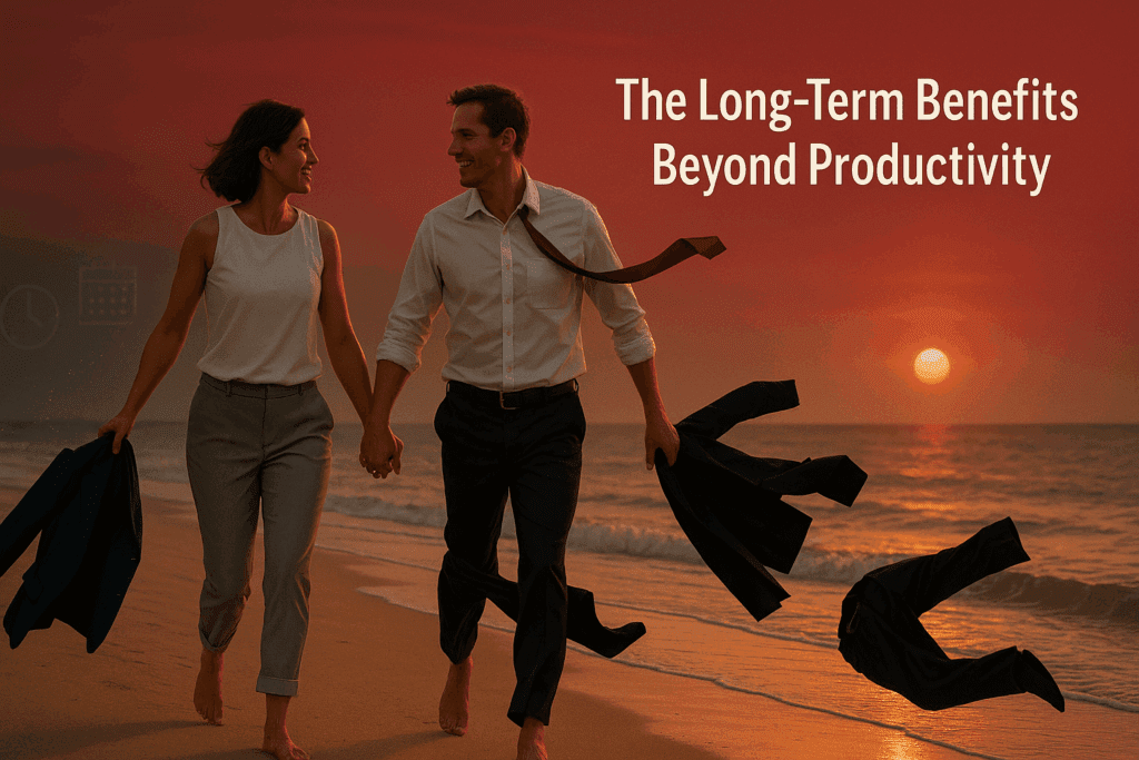 Professional couple holding hands walking barefoot on beach at sunset, representing relationship wellness and genuine connection through energy management implementation.