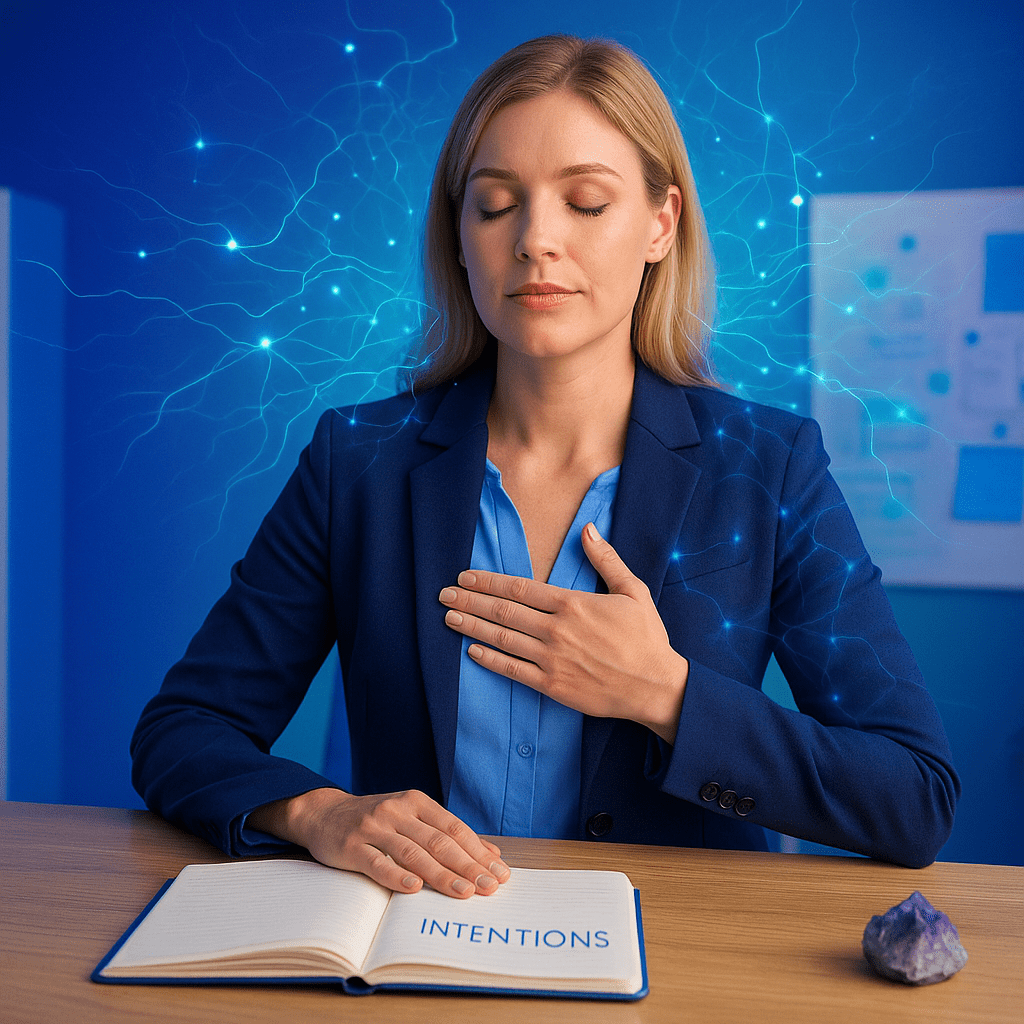 Woman in business attire with open book labeled intentions, surrounded by glowing neural network symbols and a digital brain.