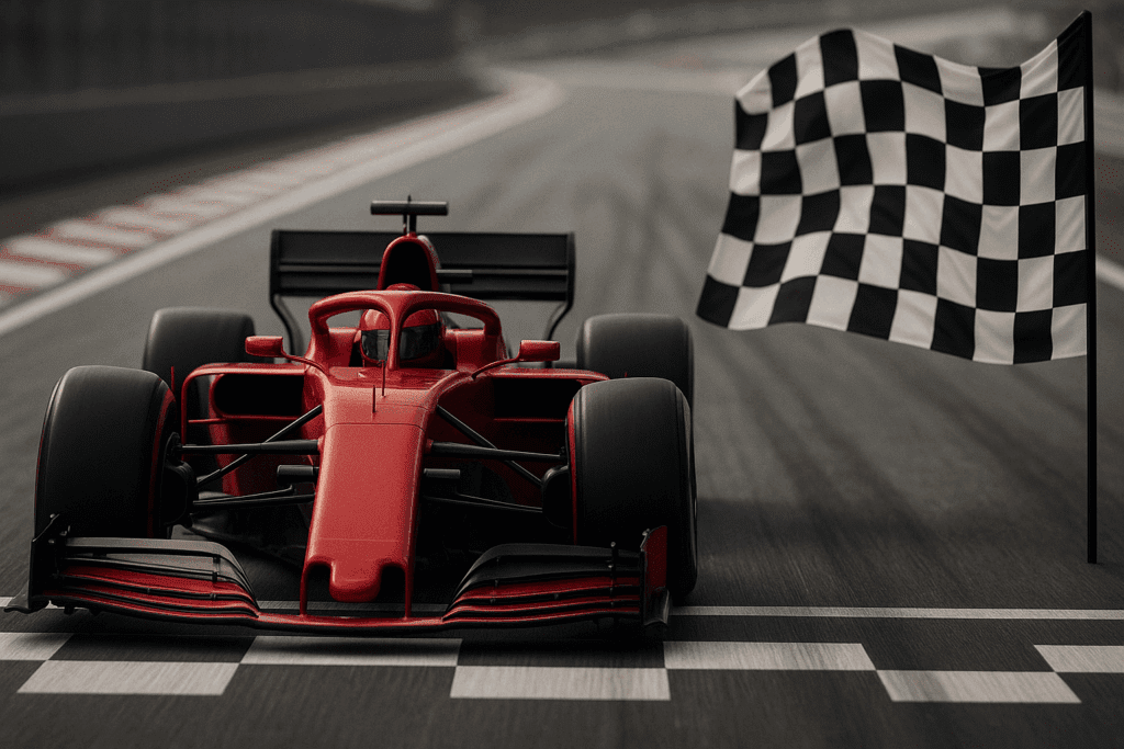 Red Formula One race car crossing finish line with checkered flag, symbolizing championship performance through energy management and optimal nervous system regulation.