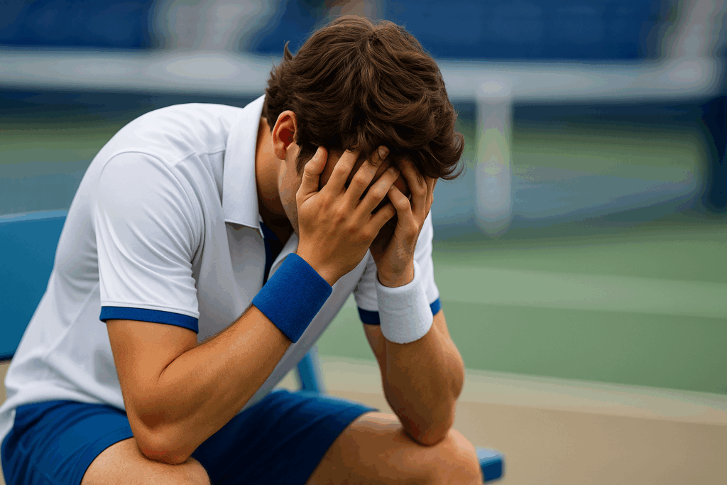 Professional male athlete sitting courtside with head in hands showing nervous system stress response and mental resilience challenge during competition.