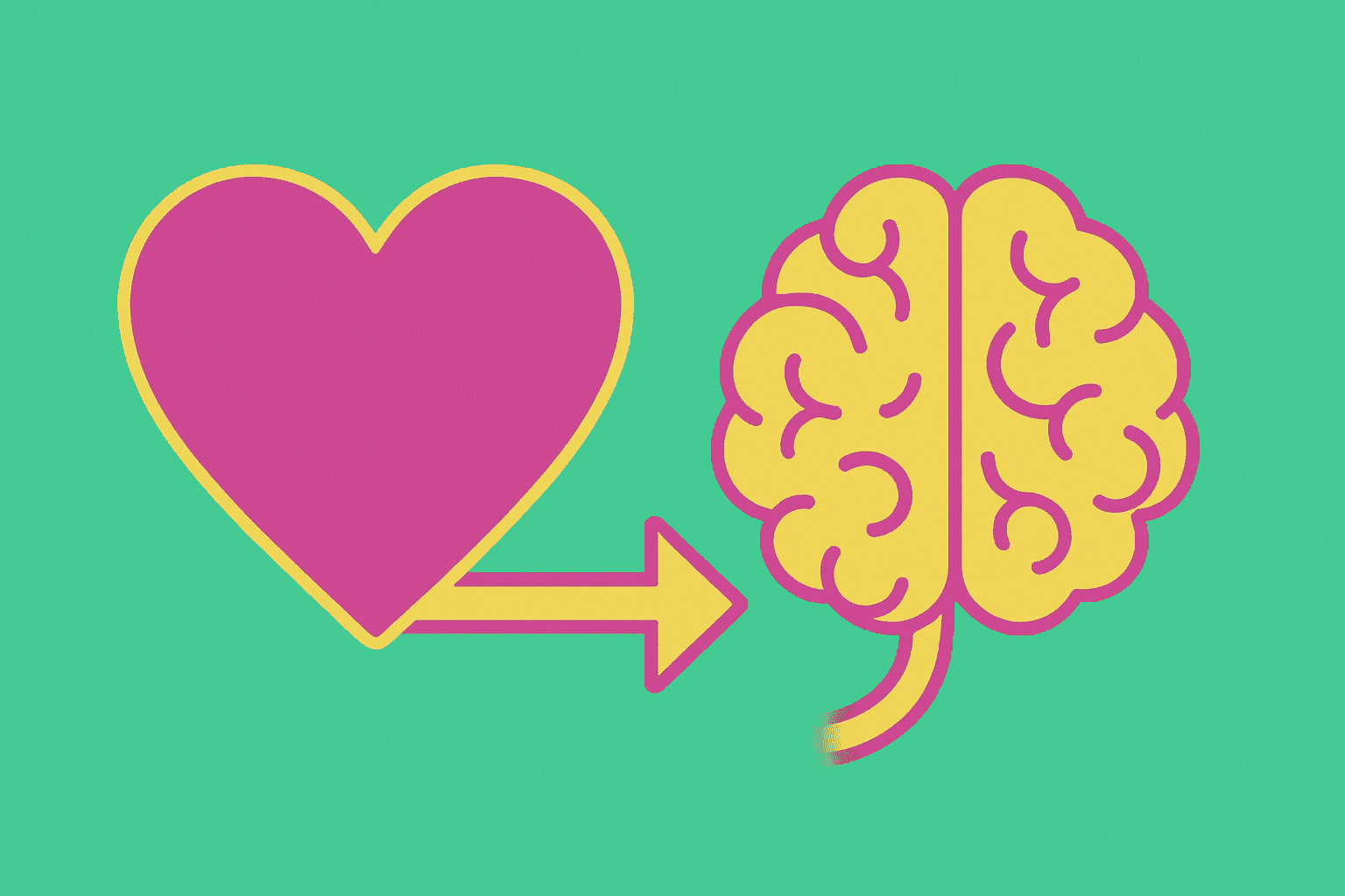 Pink heart connecting to yellow brain with arrow showing neuroplasticity in relationships and brain chemistry bonding.