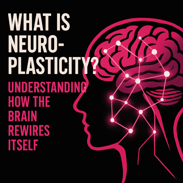 Text overlay reading "What is Neuroplasticity? Understanding how the brain rewires itself" with brain neural network illustration.