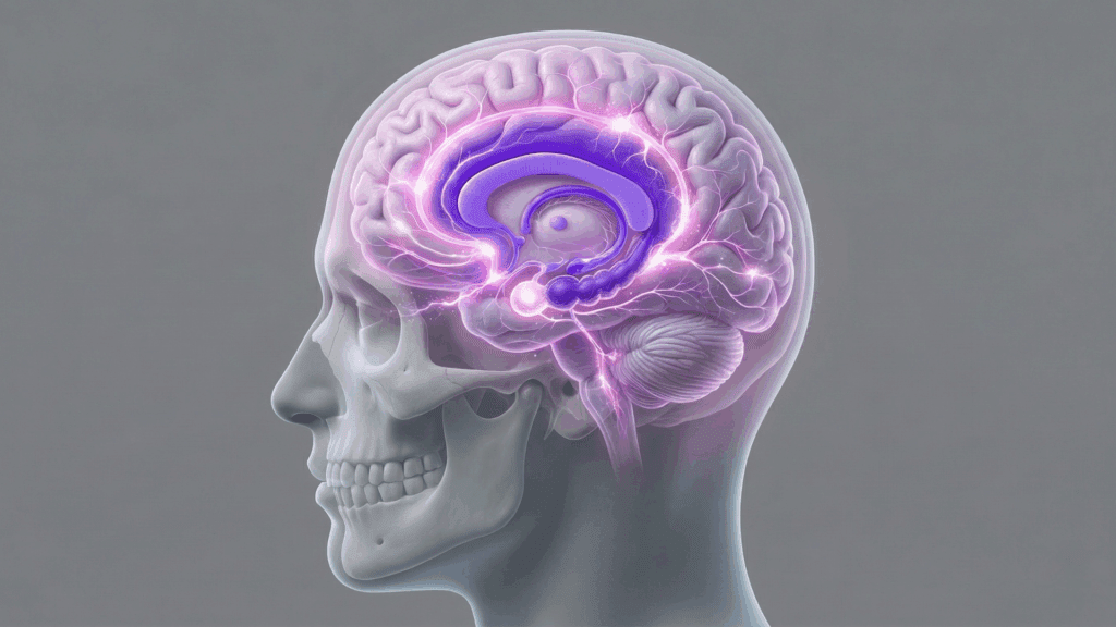 Side view of a human head with glowing purple limbic circuits, showing regions linked to the neuroscience of rumination.nn