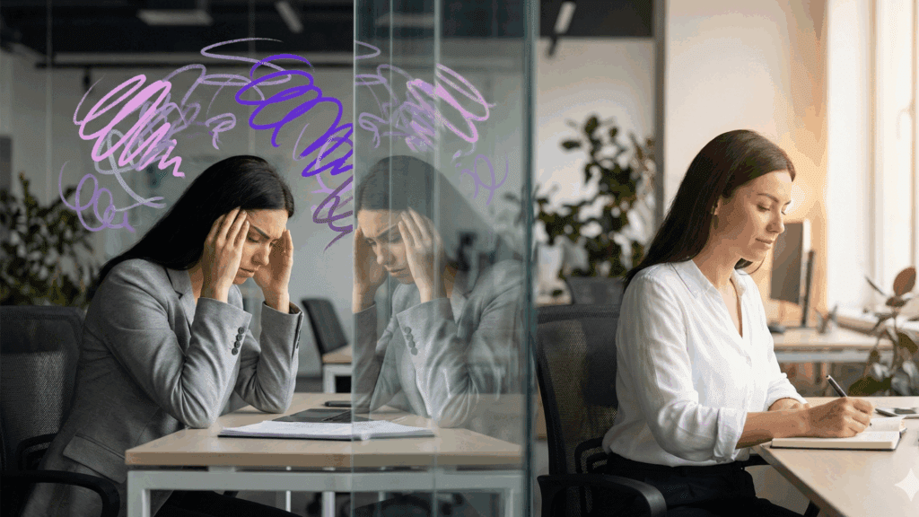 A stressed woman holds her head while abstract neural scribbles swirl around her, symbolizing the neuroscience of rumination and mental overload.