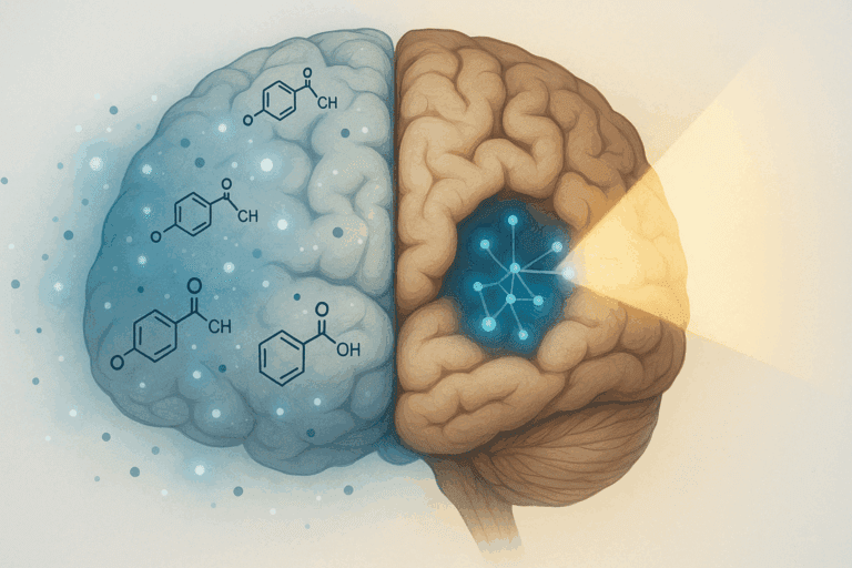 Cross-section illustration of the human brain highlighting precision dopamine signaling, neuroplasticity, and targeted brain optimization pathways.