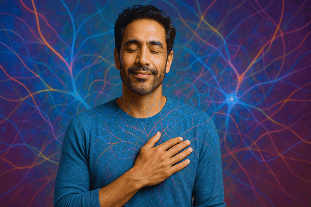 Man with hand on heart practicing self compassion and intentional awareness with neural network visualization, representing embracing imperfections and healing.