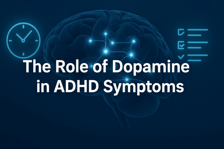 Close-up synaptic illustration showing dopamine molecule transmission between neurons, representing ADHD neuroscience at cellular level.