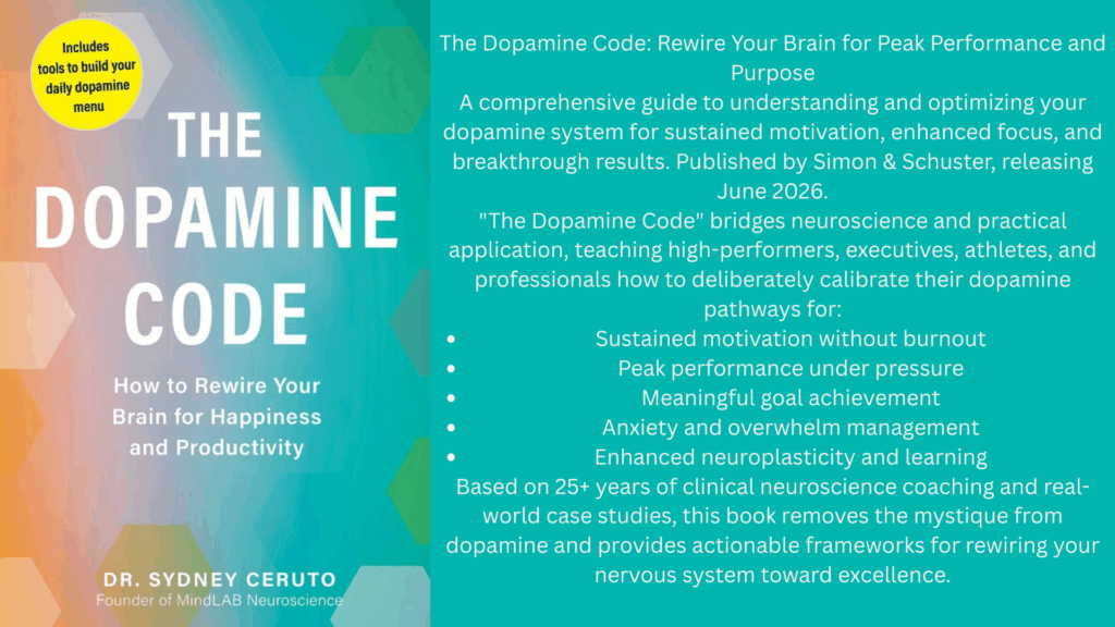The Dopamine Code book cover by Dr. Sydney Ceruto showing title, subtitle about rewiring brain for happiness and productivity with neuroscience framework.