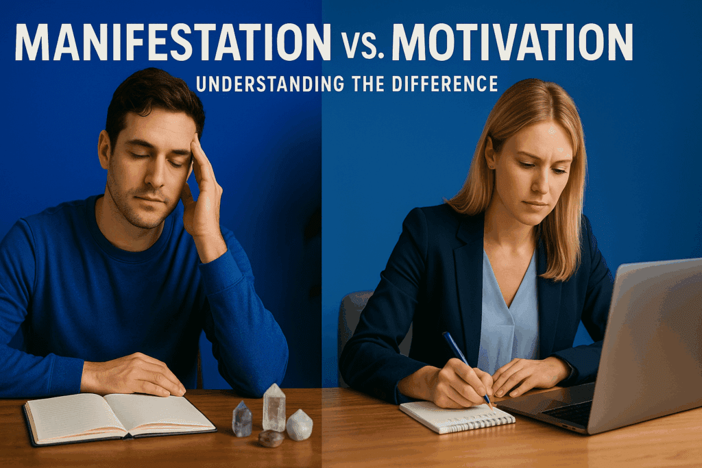 This is a side-by-side comparison of motivation and manifestation, depicting a man thinking on the left and a woman executing focused action on the right.