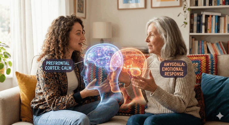 Adult mother and daughter discussing emotions with glowing brain visualization showing prefrontal cortex and amygdala regions during conversation about neuroscience of mother daughter relationship.