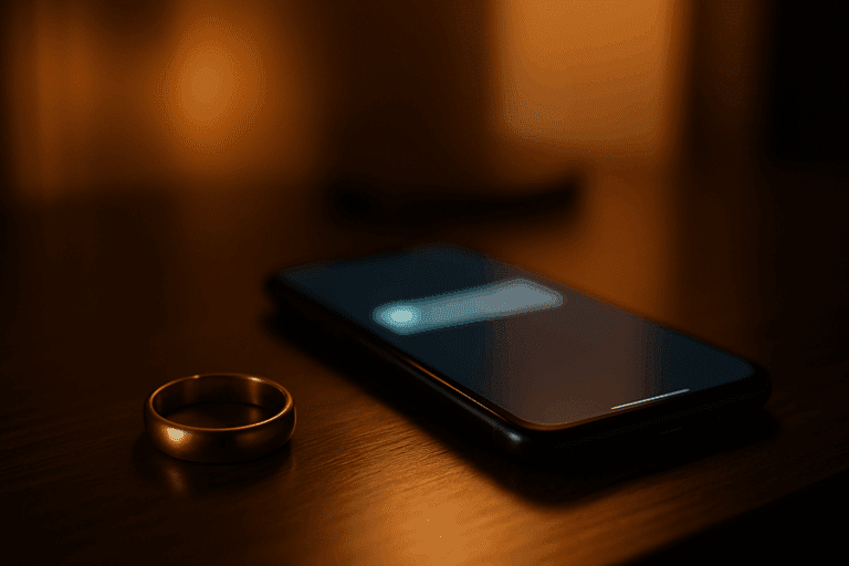 Wedding ring separated from smartphone on wooden table, symbolizing the tension between committed relationships and digital temptation in dopamine and infidelity scenarios.