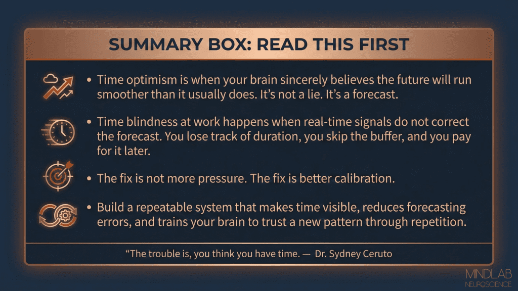 Summary box infographic explaining time optimism concept, forecasting errors, calibration fixes, and brain system training with icons.