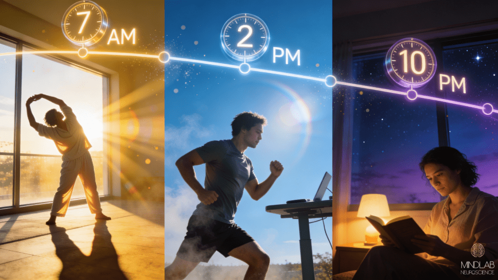 A person experiencing optimal circadian health throughout 24-hour day with morning energy, afternoon peak performance, and restful evening sleep