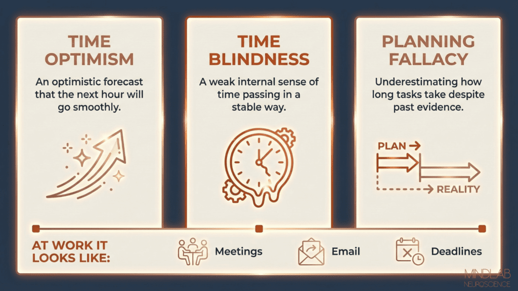 Three-panel infographic defining time optimism, time blindness, and planning fallacy with icons showing work applications in meetings, email, and deadlines.