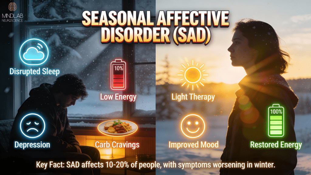 Seasonal Affective Disorder SAD causes winter depression through disrupted circadian health from reduced light exposure and melatonin changes
