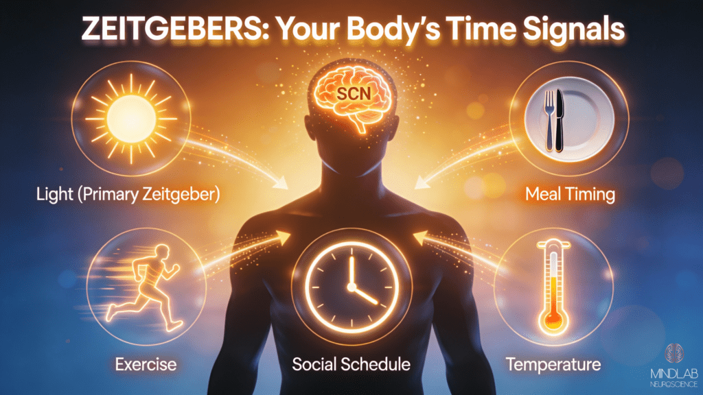 Environmental time cues synchronizing your internal 24-hour circadian health rhythm with light, meals, exercise, and social cues