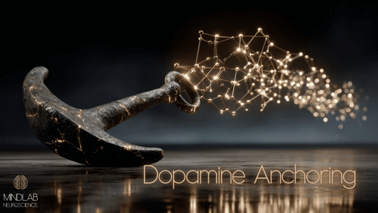 Black obsidian anchor tethered to glowing blue dopamine molecule visualization for dopamine anchoring concept.