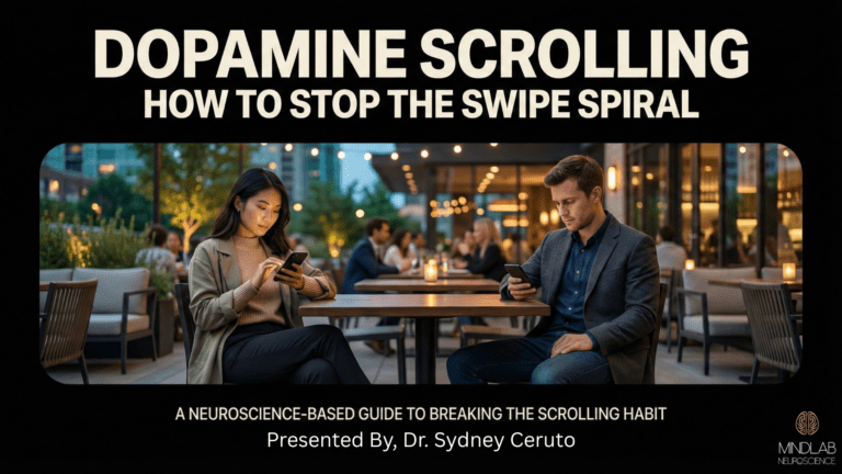 Two young adults scrolling phones at outdoor restaurant table, disconnected and absorbed in screens, representing phone addiction and dopamine loop behavior.