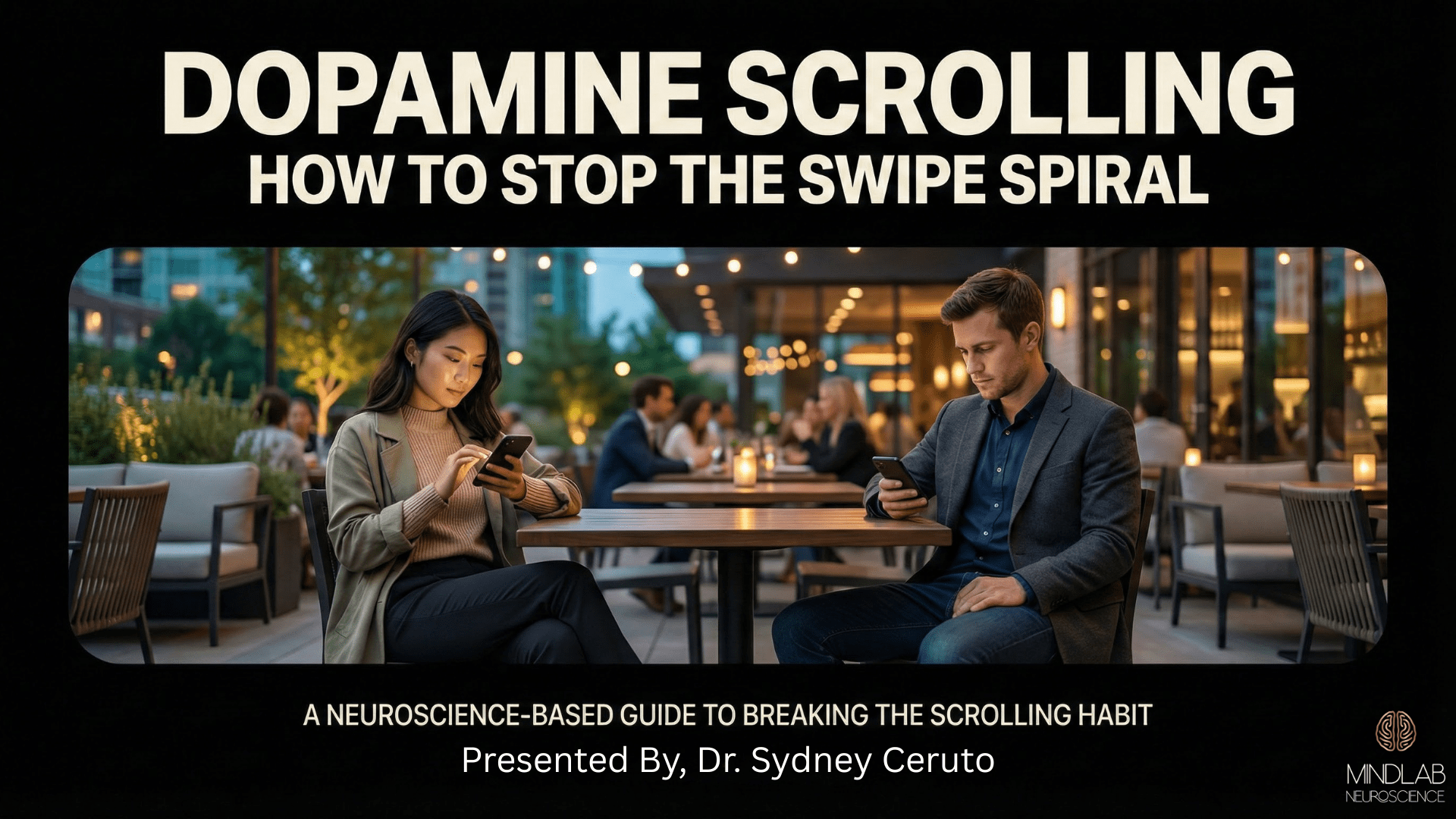 Two young adults scrolling phones at outdoor restaurant table, disconnected and absorbed in screens, representing phone addiction and dopamine loop behavior.