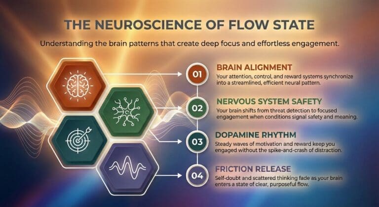 The brain diagram illustrates flow state neuroscience, with four hexagons illustrating brain alignment, nervous system safety, dopamine rhythm, and friction release mechanisms.
