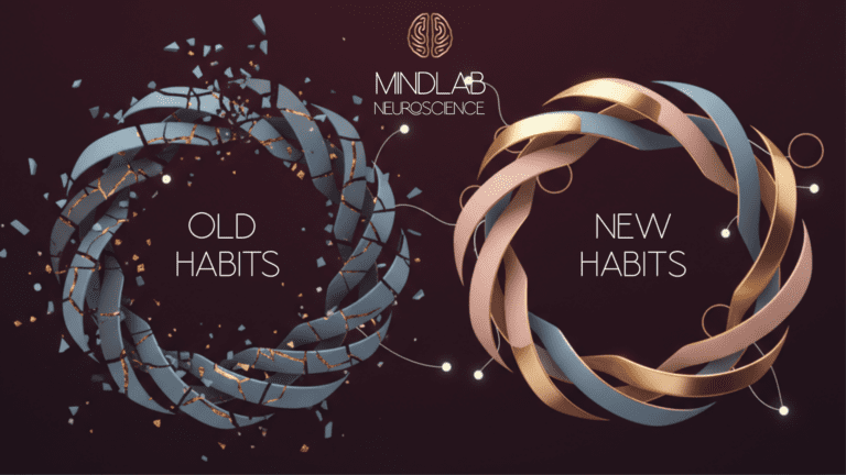Visual representation of breaking old habit loops and building new ones showing neural transformation with MindLAB Neuroscience branding.