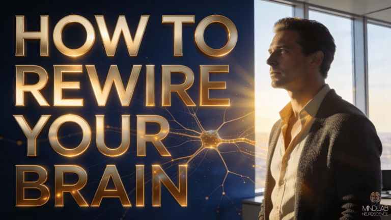 This image and article explore how to rewire your brain as an executive professional in a modern office, using neural rewiring visualization and golden illuminated synaptic transformation.