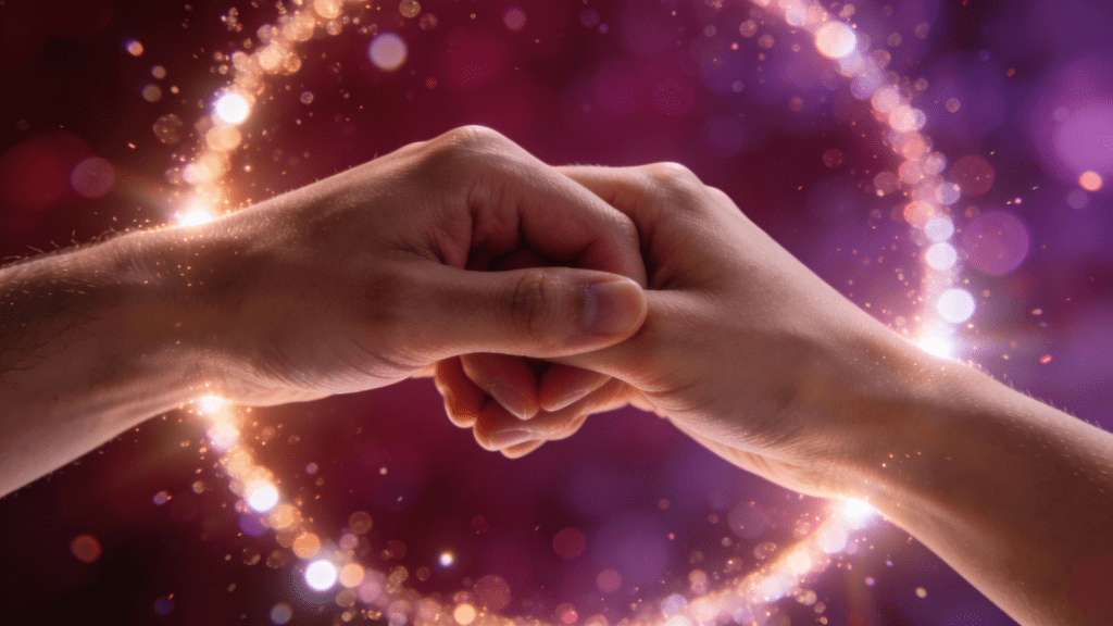 Two hands touching with glowing golden light, symbolizing oxytocin bonding through trust and empathy in human relationships.