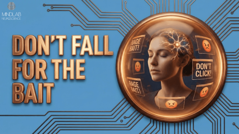 Bronze‑rimmed brain behind glass surrounded by “rage bait” alerts and angry emojis, warning not to fall for rage bait manipulation and click traps online.
