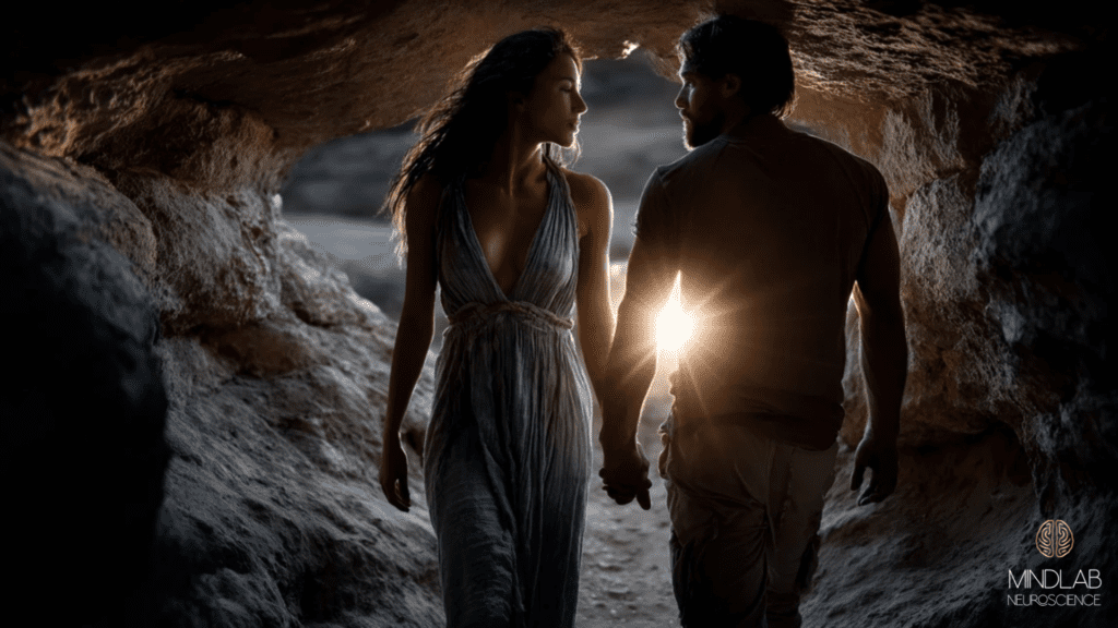 Prehistoric couple in cave setting holding hands, representing the evolutionary origins of human sexual pair bonding and intimacy.