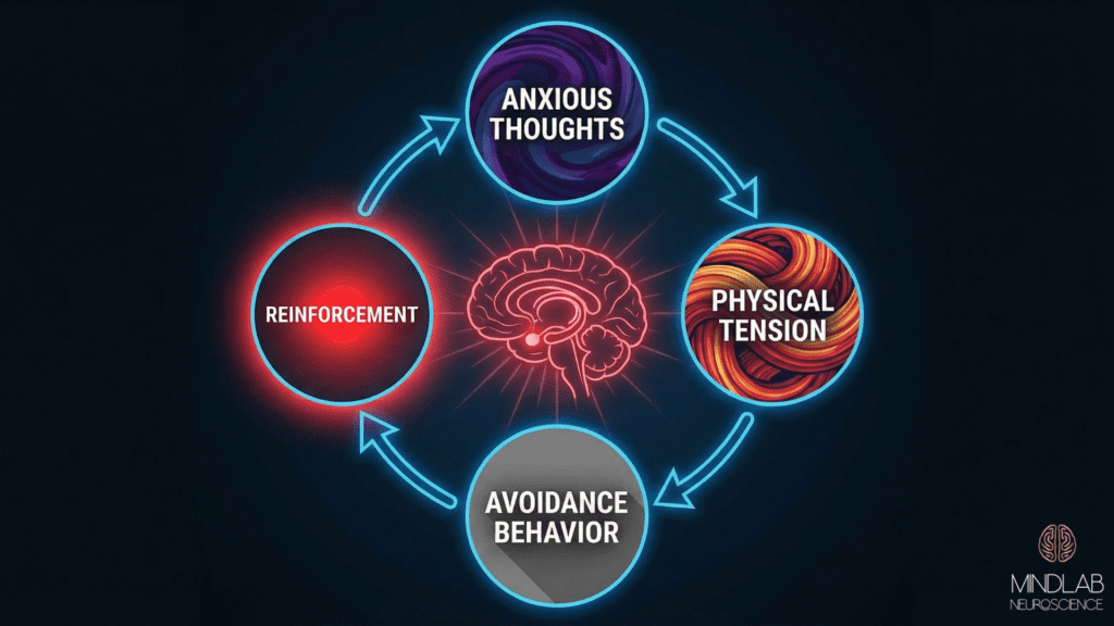 Neon diagram showing the anxiety cycle: anxious thoughts → physical tension → avoidance behavior → reinforcement with brain at center.