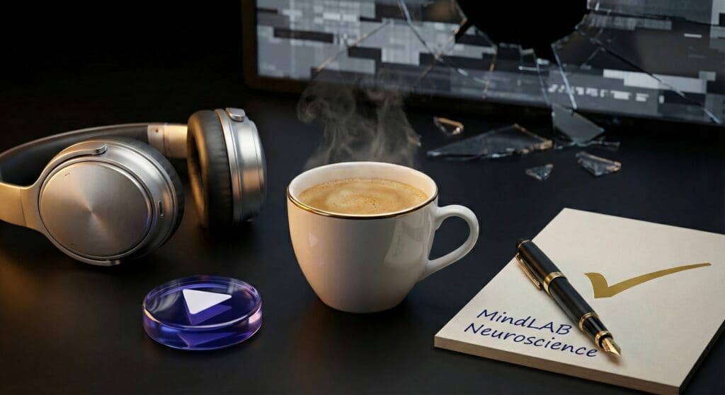 The luxurious still life of coffee, headphones, and a notebook represents clean dopamine anchoring versus distraction.