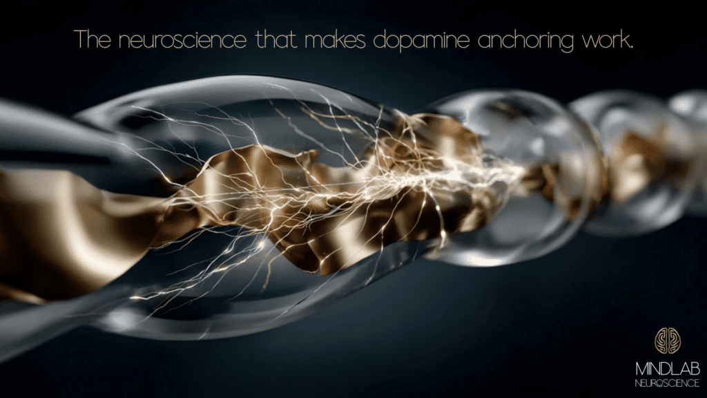 Microscopic view of nerve fiber wrapped in gold myelin illustrating dopamine anchoring reinforcement in the brain.